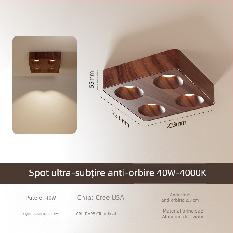 Iluminare de tavan în stil vintage, ultra-subțire, cu patru brațe, montaj pe suprafață, anti-reflexie, finisaj lemn nuc pentru living și dormitor