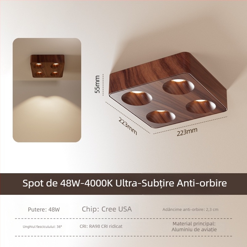Iluminare de tavan în stil vintage, ultra-subțire, cu patru brațe, montaj pe suprafață, anti-reflexie, finisaj lemn nuc pentru living și dormitor