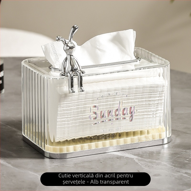 Cutie pentru șervețele cu mecanism cu arc, montaj pe perete, spațiu de depozitare cu capac, alb lăptos