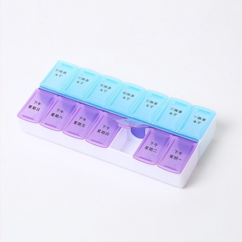 Cutie pentru medicamente cu 14 compartimente, capac individual, două rânduri, organizator de călătorie cu Braille, cutie de medicamente portabilă săptămânală