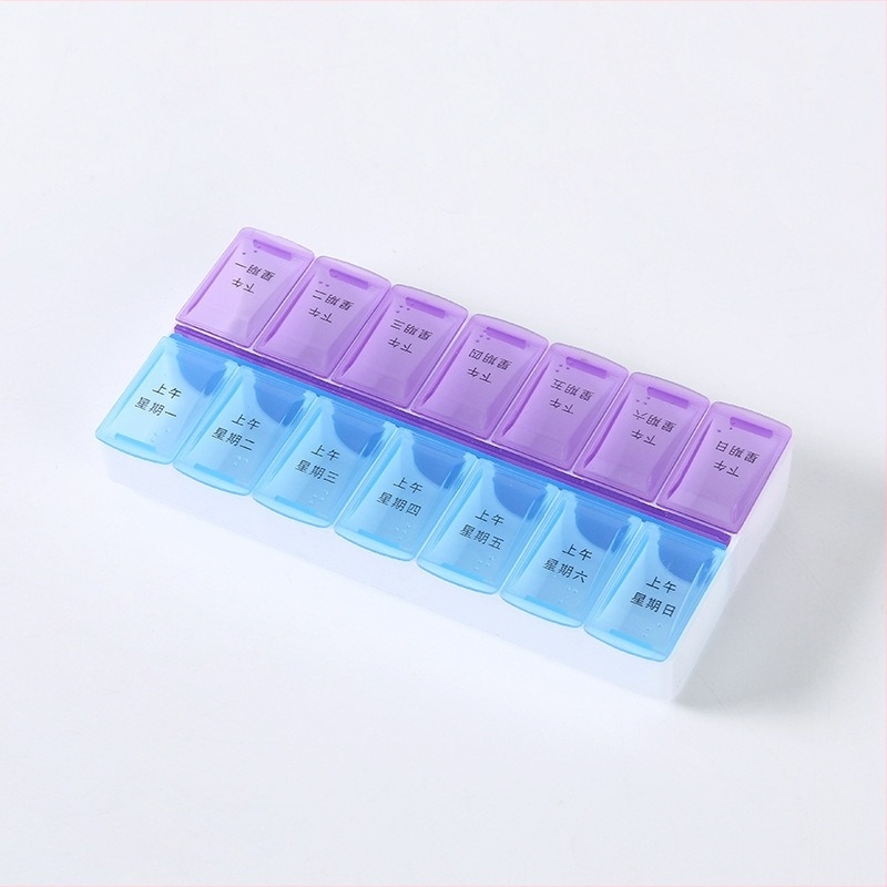 Cutie pentru medicamente cu 14 compartimente, capac individual, două rânduri, organizator de călătorie cu Braille, cutie de medicamente portabilă săptămânală