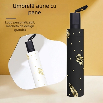 Umbrelă pliabilă neagră cu design de penă aurie, protecție UV, pentru soare și ploaie