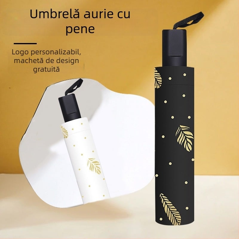 Umbrelă pliabilă neagră cu design de penă aurie, protecție UV, pentru soare și ploaie