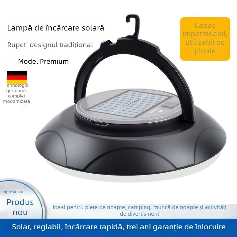 Lampă solară pentru camping cu iluminare ambientală, lampă impermeabilă pentru curte și cort, lampă disc în formă de OZN