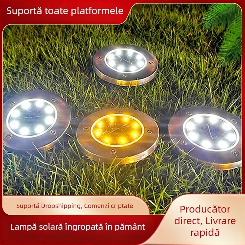 Lampă solară de exterior pentru gazon, LED încorporat în pământ, iluminat ambiental din oțel inox