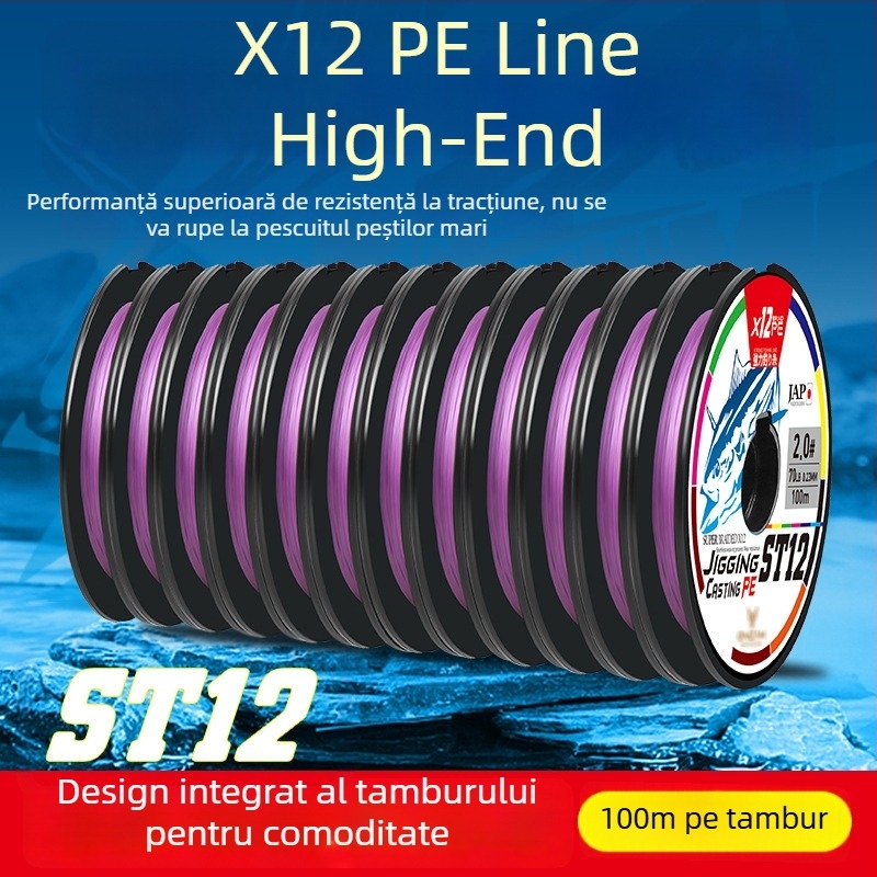 Linie principală de pescuit, 12 fire, 100 m, tambur continuu, linie PE multicoloră, rezistentă la abraziune și la mușcături