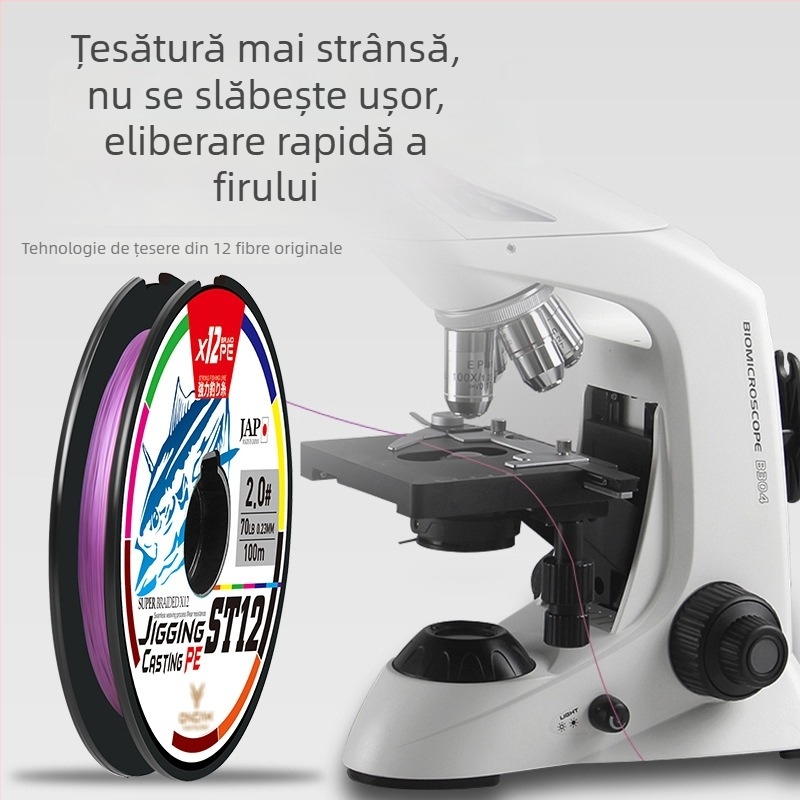 Linie principală de pescuit, 12 fire, 100 m, tambur continuu, linie PE multicoloră, rezistentă la abraziune și la mușcături