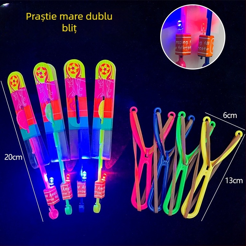 Praștie iluminată cu LED, săgeți zburătoare și lumină albastră cu dublu flash – jucărie pentru copii