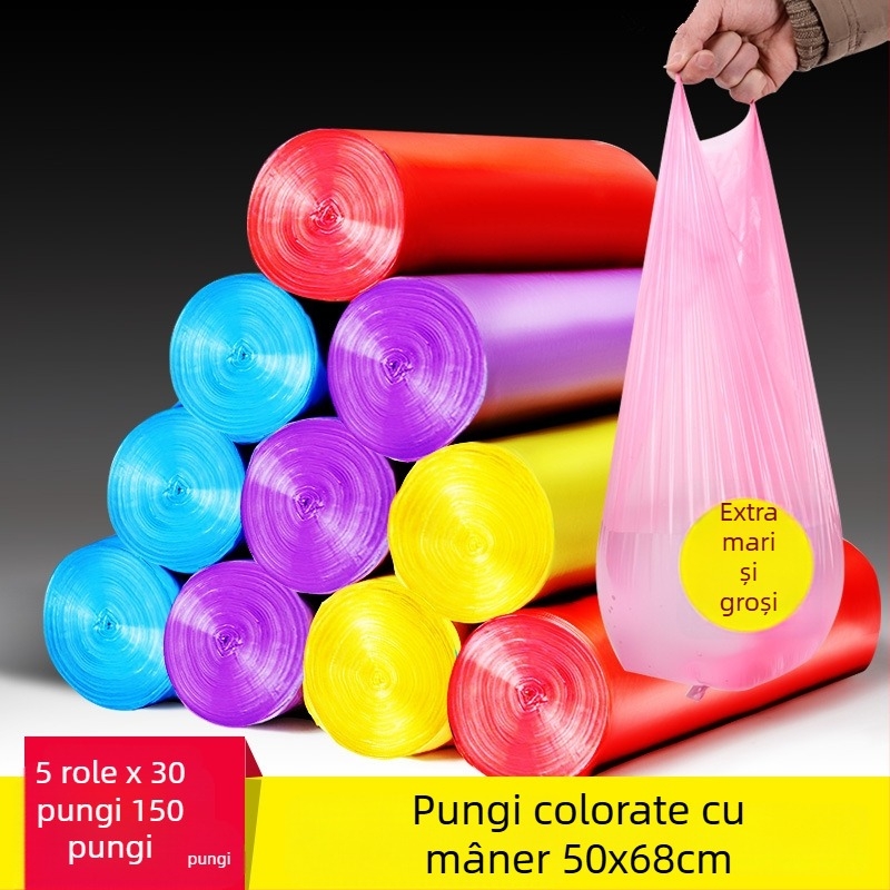 Saci de gunoi casnici, gură plată, perforați, în rolă mare, cu șnur, îngroșați, bucătărie și birou, dimensiune mare