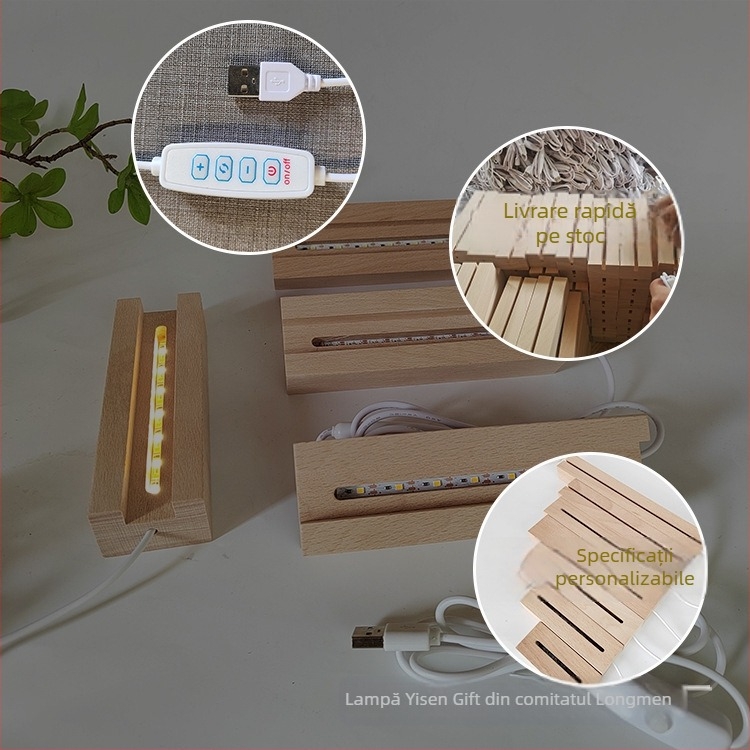 Bază luminoasă din lemn masiv, lampă de noapte 3D, suport din acrilic pentru lampă, alimentare USB, bază din cristal pentru trofeu a lămpii