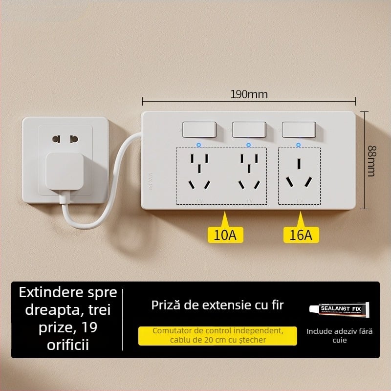 Prelungitor tip 86, montaj pe suprafață, cu indicator, prize multiple, fără cablare, prize controlate individual