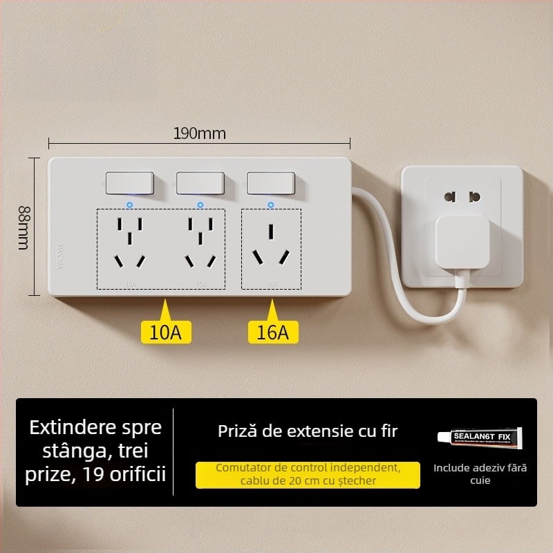 Prelungitor tip 86, montaj pe suprafață, cu indicator, prize multiple, fără cablare, prize controlate individual