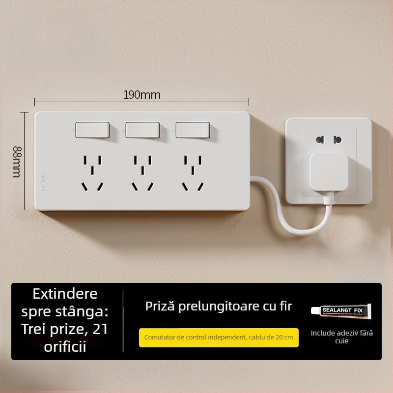 Prelungitor tip 86, montaj pe suprafață, cu indicator, prize multiple, fără cablare, prize controlate individual
