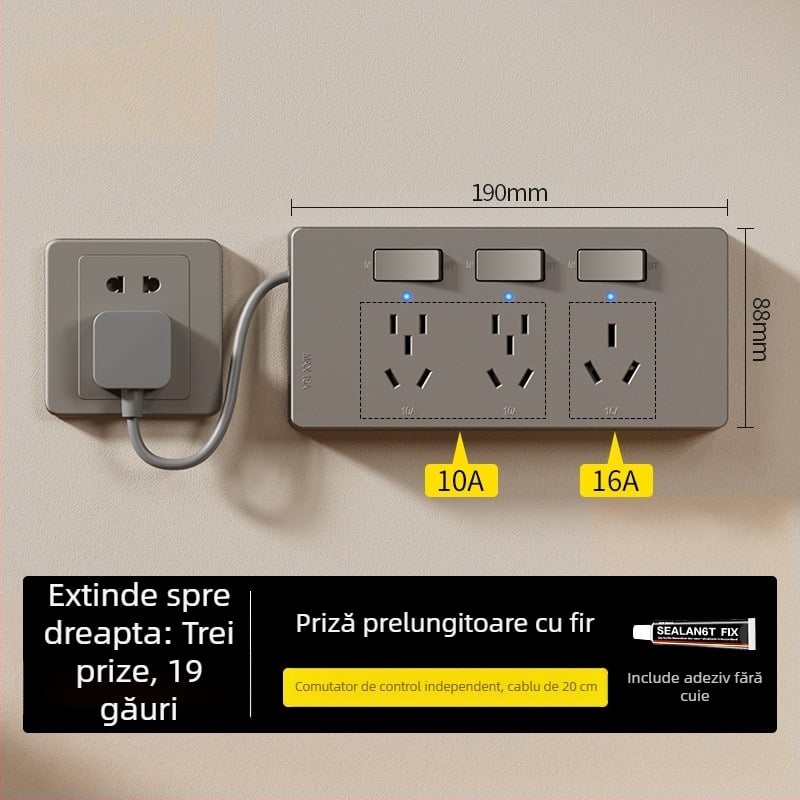 Prelungitor tip 86, montaj pe suprafață, cu indicator, prize multiple, fără cablare, prize controlate individual