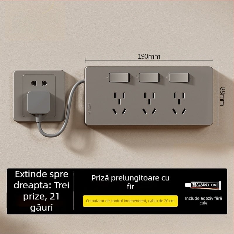 Prelungitor tip 86, montaj pe suprafață, cu indicator, prize multiple, fără cablare, prize controlate individual
