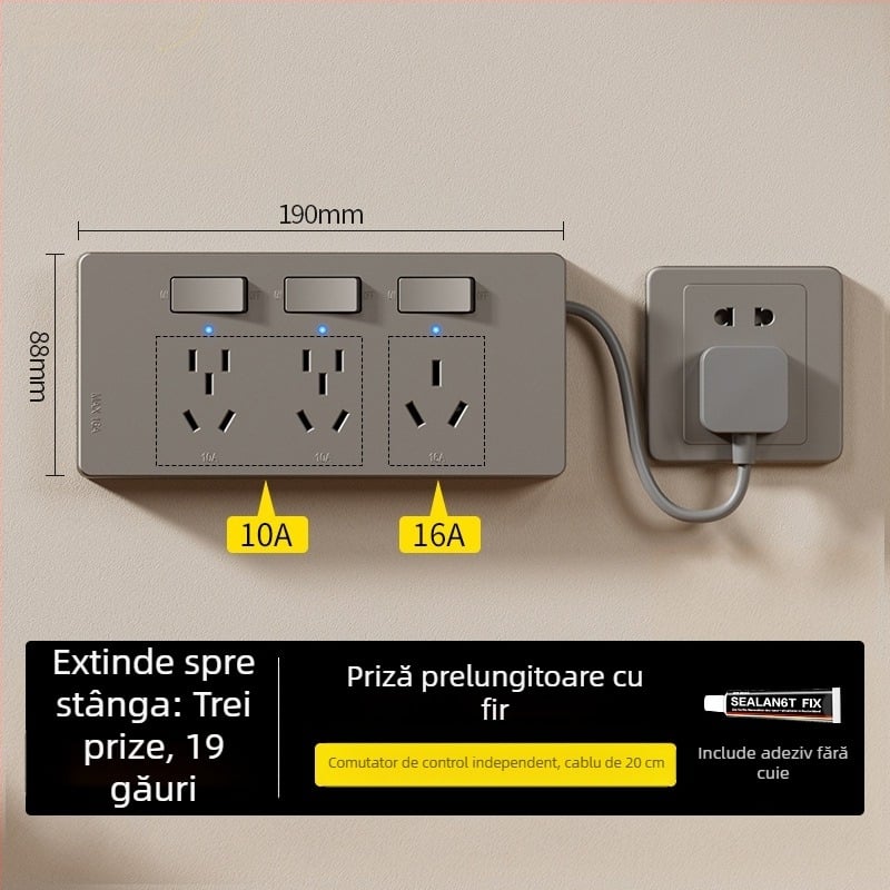 Prelungitor tip 86, montaj pe suprafață, cu indicator, prize multiple, fără cablare, prize controlate individual