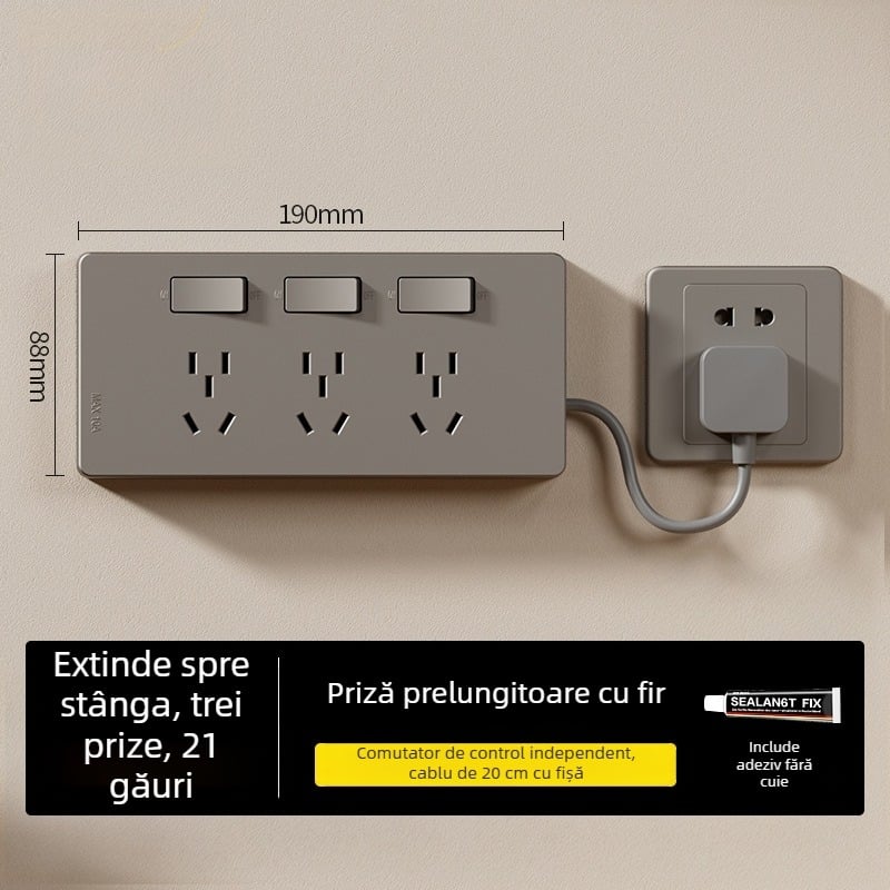 Prelungitor tip 86, montaj pe suprafață, cu indicator, prize multiple, fără cablare, prize controlate individual