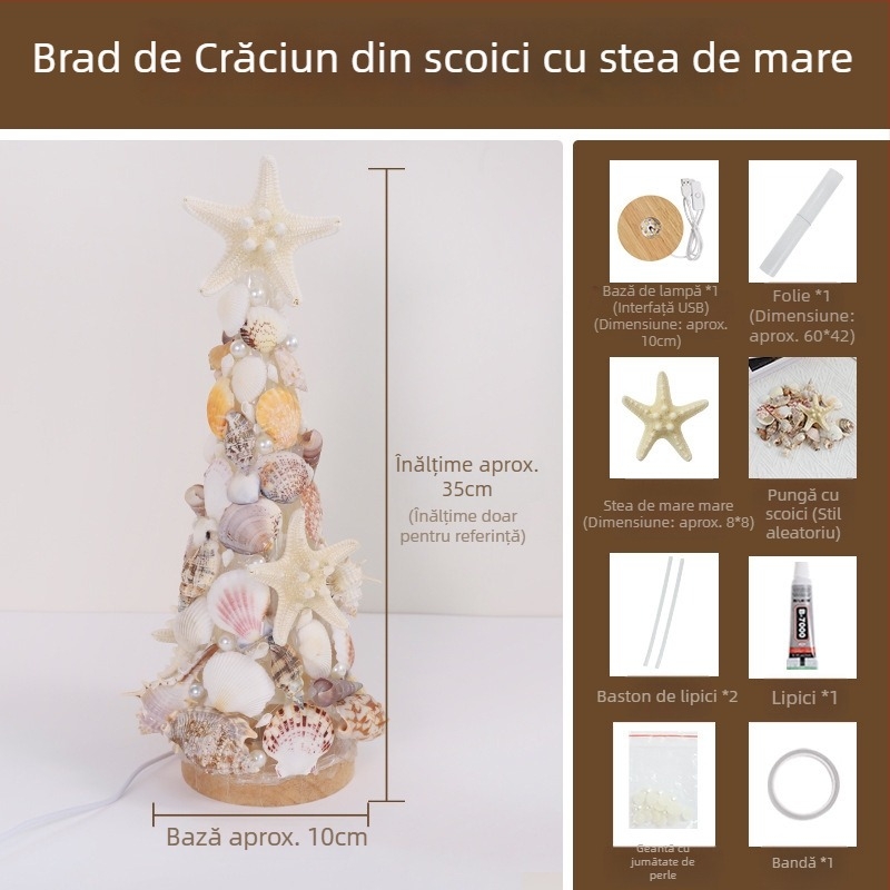 Lampă de noapte pentru brad cu scoici și stea de mare — kit DIY, ornament decorativ, cadou pentru prietenă