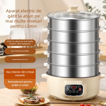 Aburitor electric multifuncțional pentru uz casnic, capacitate mare, trei niveluri, cronometru și gătire inteligentă la aburi.