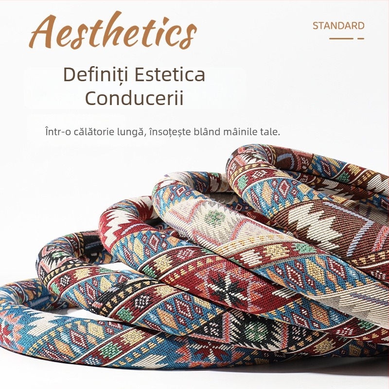 Husă pentru volan din bumbac și in, stil floral etnic, pentru toate sezoanele, potrivire universală, cusută manual, diametrul de 38 cm.