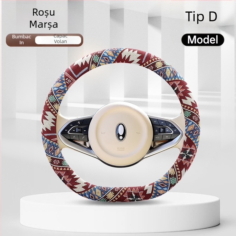 Husă pentru volan din bumbac și in, stil floral etnic, pentru toate sezoanele, potrivire universală, cusută manual, diametrul de 38 cm.