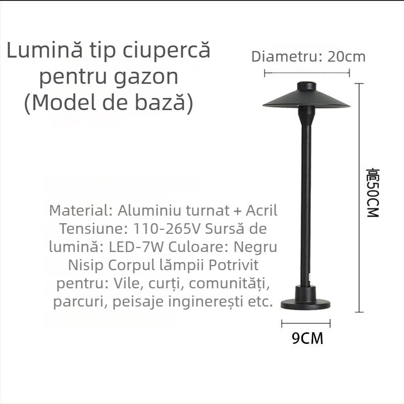 Lampă LED de exterior, IP65, din aluminiu, în formă de ciupercă, lampă de grădină pentru curte și peisaj, 7W
