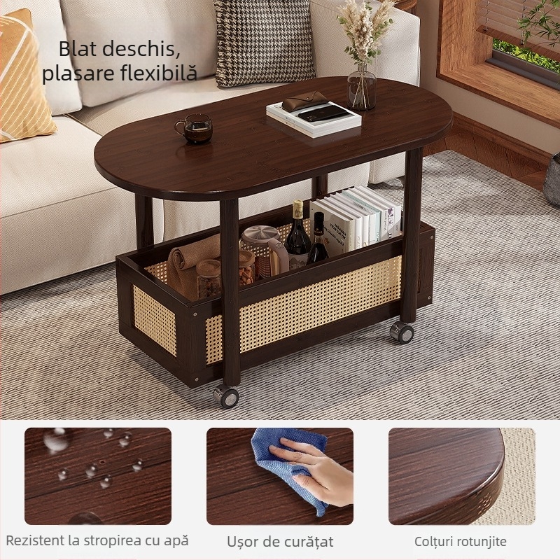 Masă de cafea mică pentru living, mobilă, cu spațiu de depozitare și dulap lateral pentru canapea; lux subtil, design modern