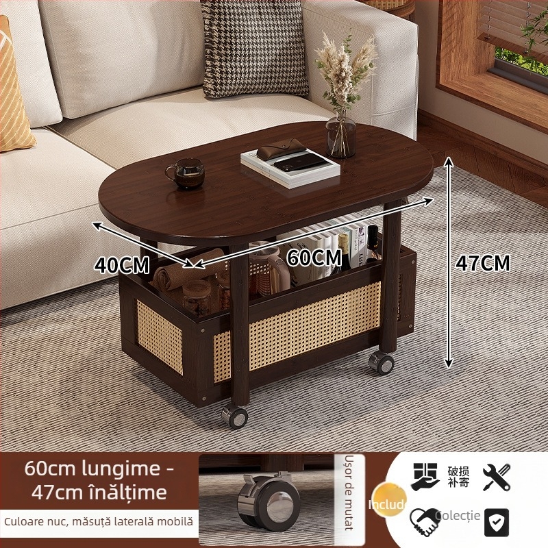 Masă de cafea mică pentru living, mobilă, cu spațiu de depozitare și dulap lateral pentru canapea; lux subtil, design modern