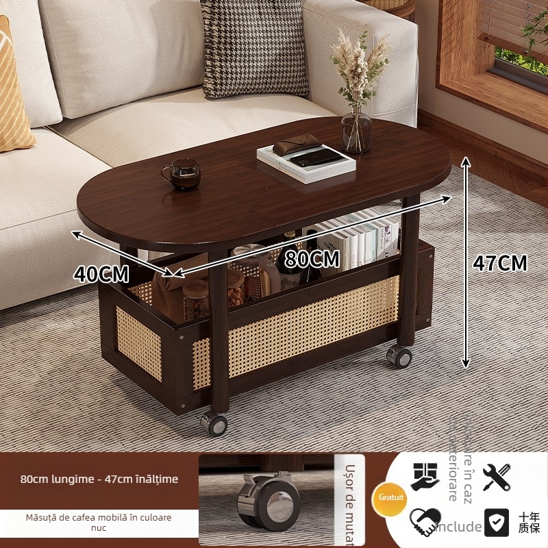 Masă de cafea mică pentru living, mobilă, cu spațiu de depozitare și dulap lateral pentru canapea; lux subtil, design modern