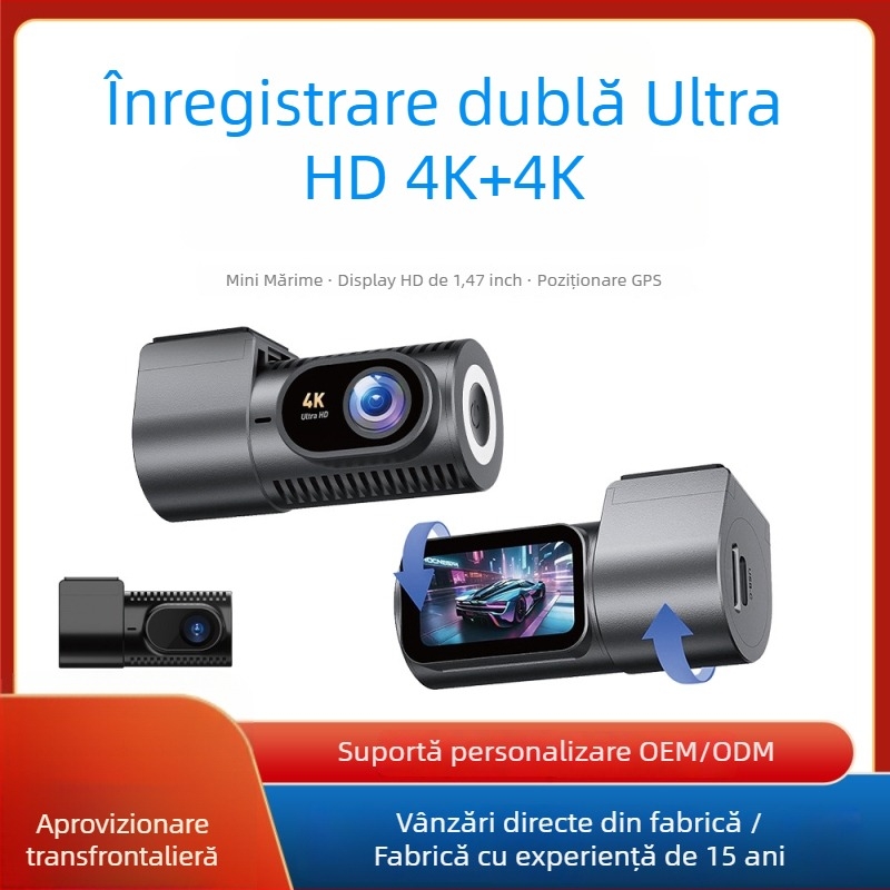 Dashcam mini cu Wi-Fi ascuns, înregistrare duală, 4K+4K, Ethernet, cameră spate, poziționare GPS