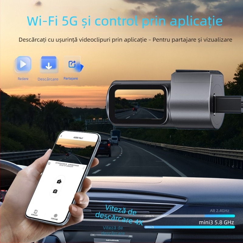 Dashcam mini cu Wi-Fi ascuns, înregistrare duală, 4K+4K, Ethernet, cameră spate, poziționare GPS