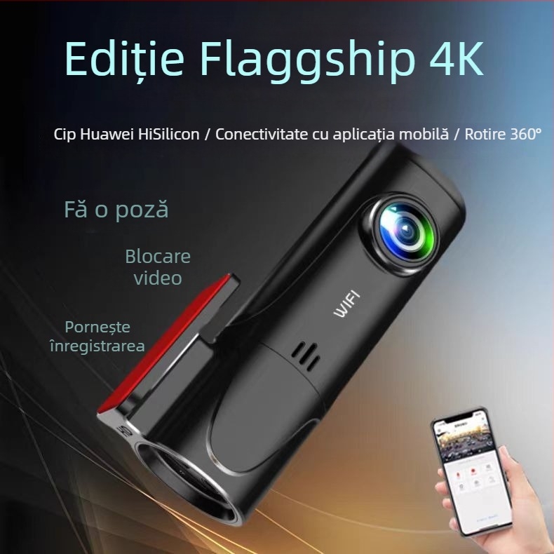 DVR auto 4K HD cu WiFi, monitorizare parcare, montaj pe parbrizul frontal, fără ecran, unghi de vizualizare 140°