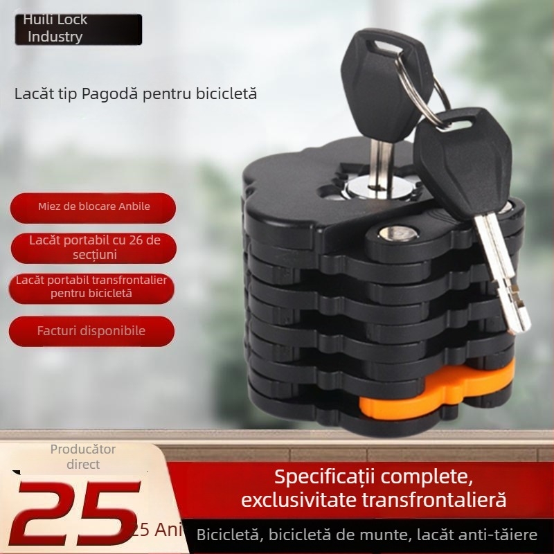 HL TL800-A Lanț Pagoda cu 26 verigi, anti-tăiere, lacăt pliabil pentru bicicletele de munte