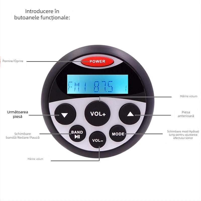 Player MP3 Bluetooth USB IP66 impermeabil pentru rulote, vehicule off-road și bărci, montaj exterior pe vehicul