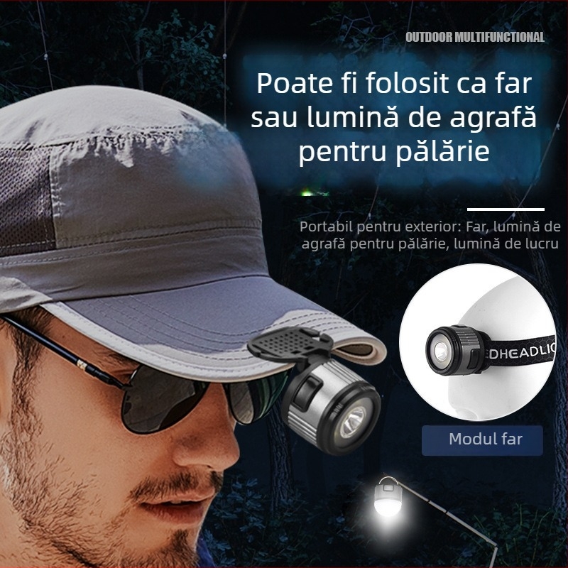 Lampa frontală LED montată pe cap, detașabilă, cu magnet și cârlig, pentru exterior, baterie reîncărcabilă, corp din aliaj de aluminiu