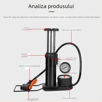 Meilong pompă de bicicletă portabilă, compactă, cu pedală, pentru biciclete și motociclete