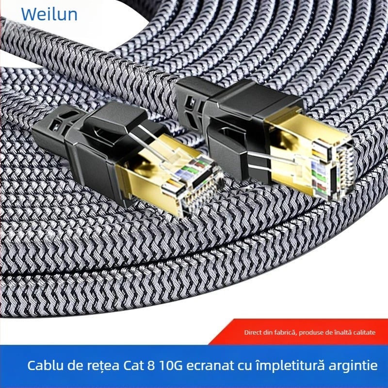 Cabl de rețea Categoria 8 din cupru pur, cu împletitură argintie și ecranat, 40 Gbps, 2000 MHz, RJ-45, pentru calculatoare și switch-uri