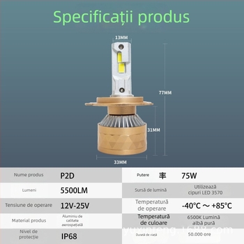 Faruri LED pentru mașină, 75W, cu țevi din cupru duble pentru disipare, flux luminos ultra‑puternic, bec H4 cu fascicul înalt și jos integrat