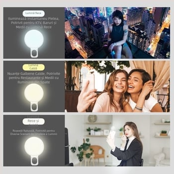 Lumină LED portabilă pentru telefon pentru streaming live și selfie, cu trei temperaturi de culoare, îmbunătățește tenul și conturul feței, fotografii și videoclipuri HD