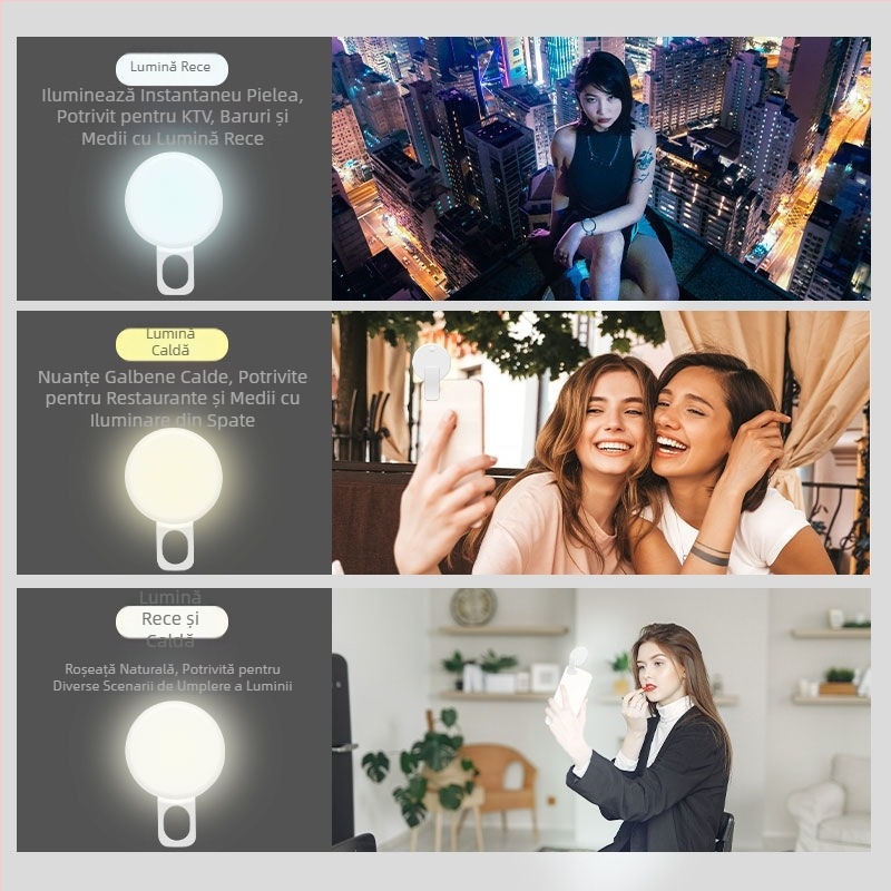 Lumină LED portabilă pentru telefon pentru streaming live și selfie, cu trei temperaturi de culoare, îmbunătățește tenul și conturul feței, fotografii și videoclipuri HD