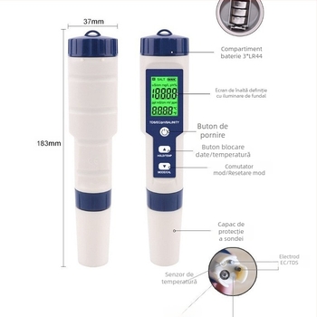 Tester portabil pentru calitatea apei – 5 în 1: conductivitate EC, TDS, pH, aciditate, salinitate