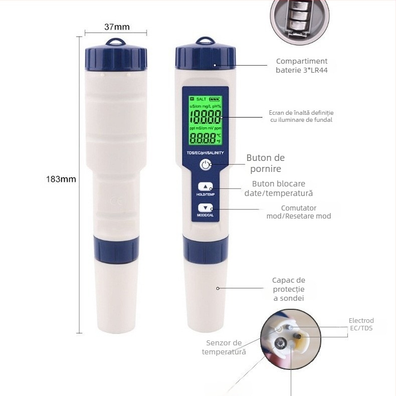 Tester portabil pentru calitatea apei – 5 în 1: conductivitate EC, TDS, pH, aciditate, salinitate