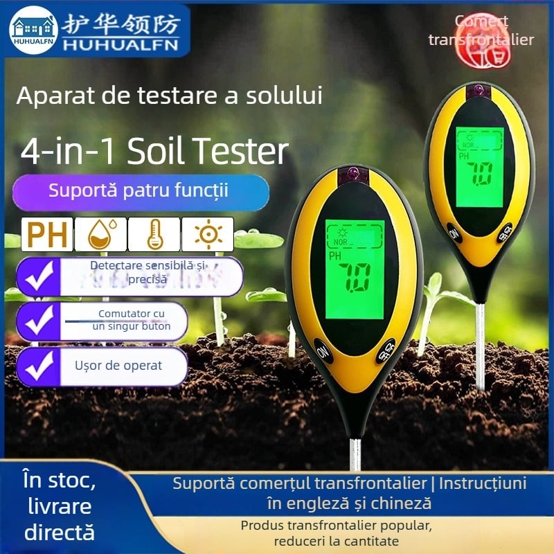 Tester de sol patru în unu cu lumină, temperatură, umiditate și pH