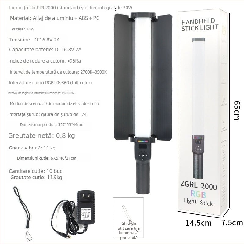 ZGRL2000RGB Bețișor LED RGB, iluminare de umplere portabilă pentru streaming live și filmare