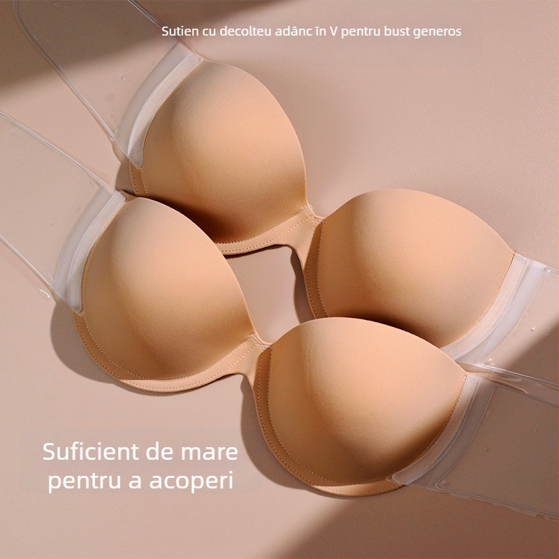Sutien fără bretele, push-up, anti-alunecare, decolteu adânc în V, cupă 3/4, stil bandeau