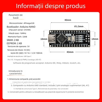Compatibilă cu placa de dezvoltare Arduino Nano, versiune îmbunătățită ATmega328P microcontroler, placă de programare pentru începători