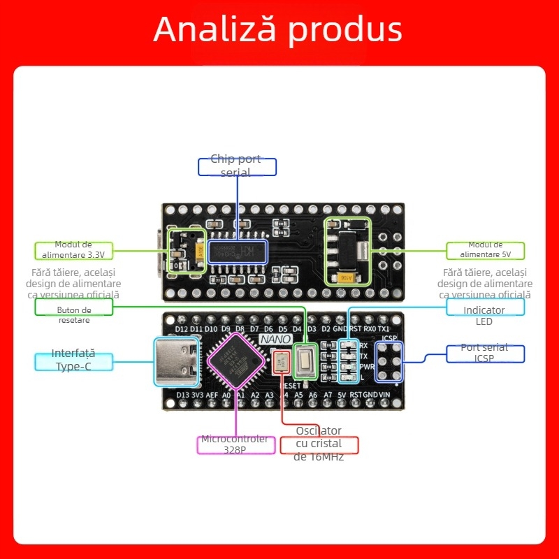 Compatibilă cu placa de dezvoltare Arduino Nano, versiune îmbunătățită ATmega328P microcontroler, placă de programare pentru începători