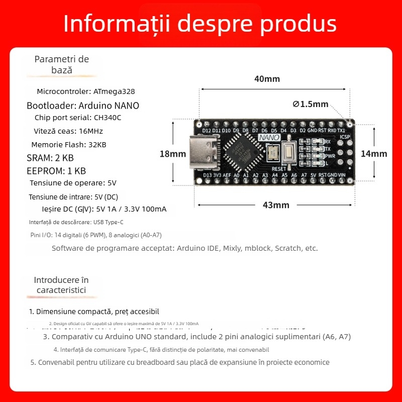 Compatibilă cu placa de dezvoltare Arduino Nano, versiune îmbunătățită ATmega328P microcontroler, placă de programare pentru începători