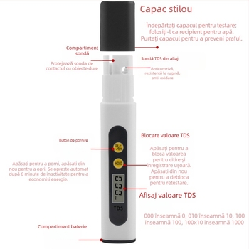 Pen de testare TDS pentru apă de la robinet – detector portabil de calitate a apei (0–9990 ppm, 3V)
