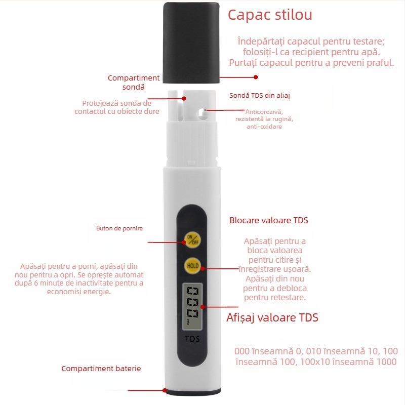 Pen de testare TDS pentru apă de la robinet – detector portabil de calitate a apei (0–9990 ppm, 3V)